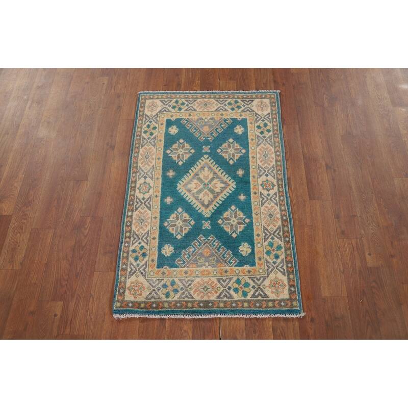 Hand Knotted Oriental 100% Wool Carpet Traditional Geometric Navy Blue & Blues Kazak Area Rug - 3' 0'' X 1' 11''