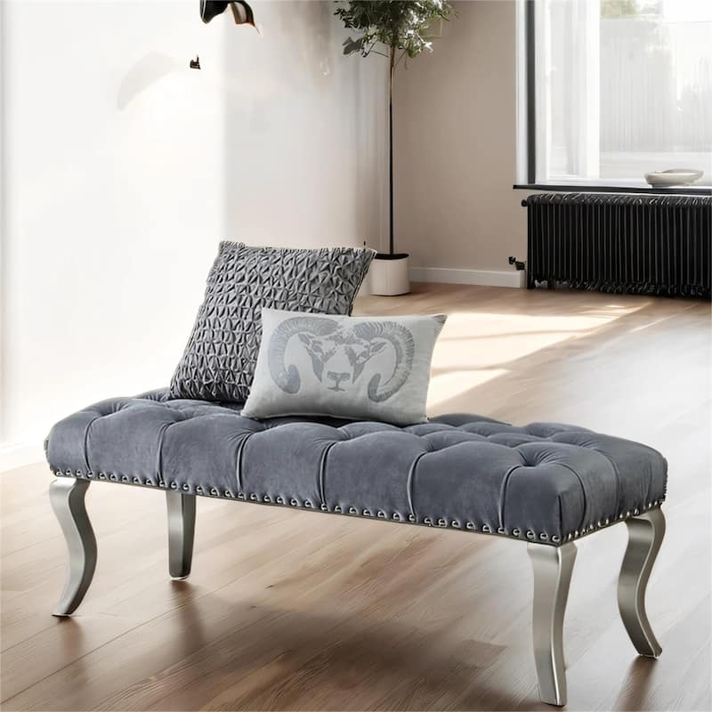 Tufted Fabric Upholstered Bench with Nailhead Trim and Wood Legs