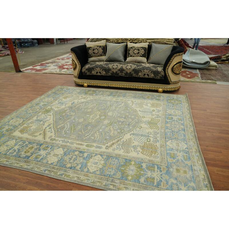 Handmade Gray Oushak Vegetable Dye Area Rug, Medallion Geometric Carpet - 9' 8'' X 8' 3''