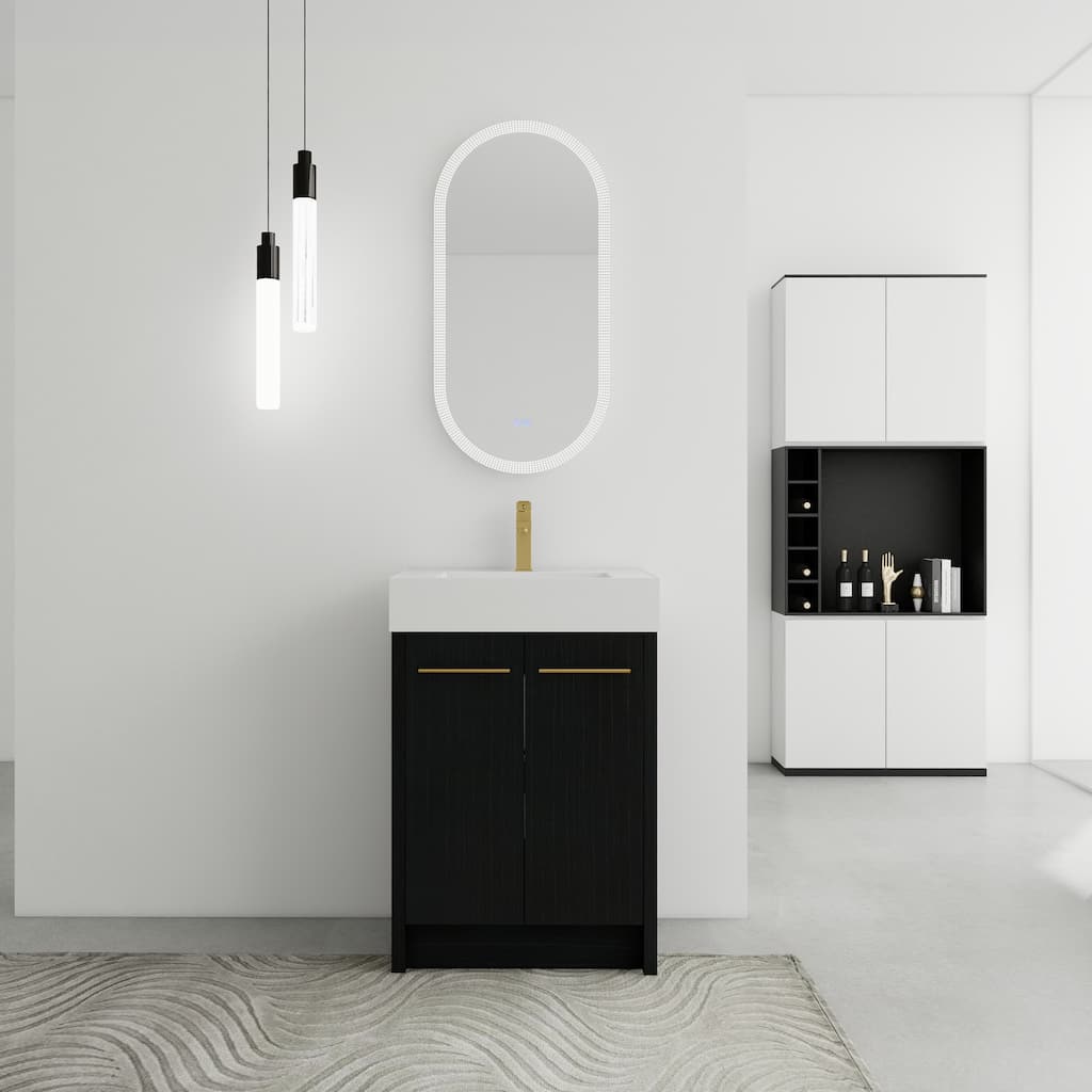 24" Bathroom Vanity with Resin Sink, Soft Close Hinges, Adjustable Storage, Black Chestnut Color, Freestanding Cabinet