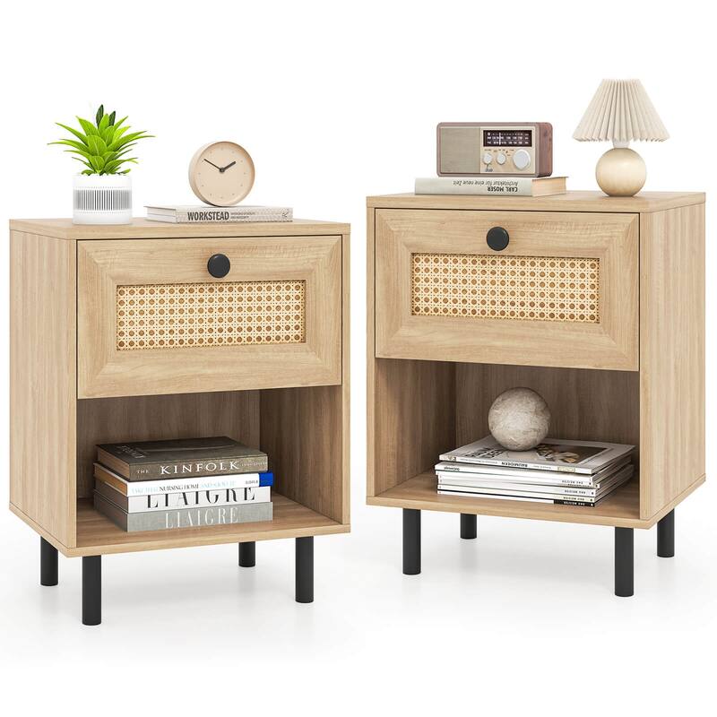 Costway 1/2 PCS Rattan Nightstand Boho End Table with Drawer & Open - See Details - Natural-2 PCS