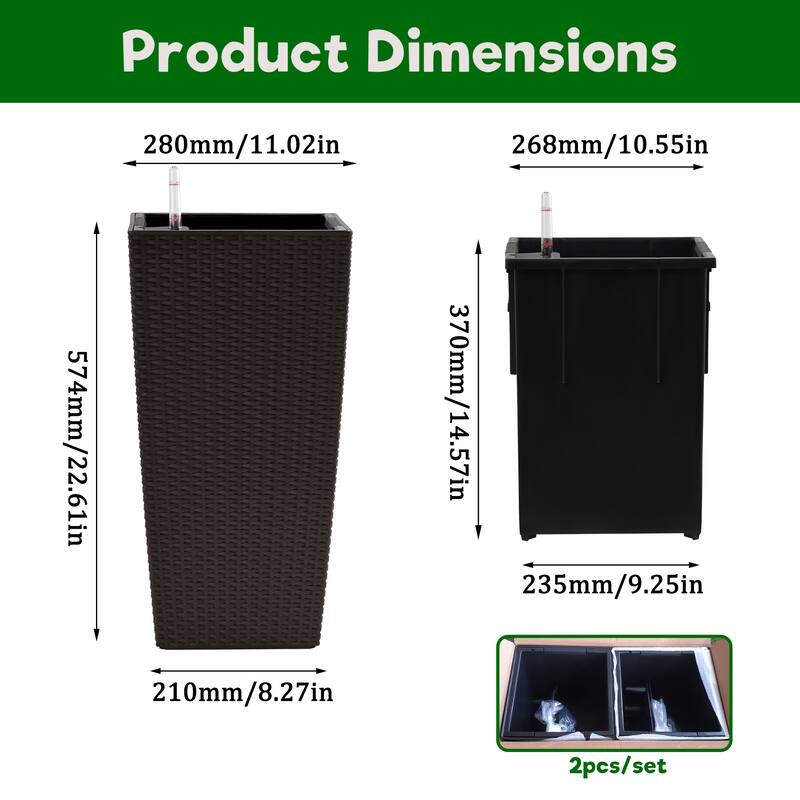 22-Inch High Faux Rattan Design Square Flower Pot with Automatic Watering System, Makes Keeping Flowers Easier (Pack of 2)