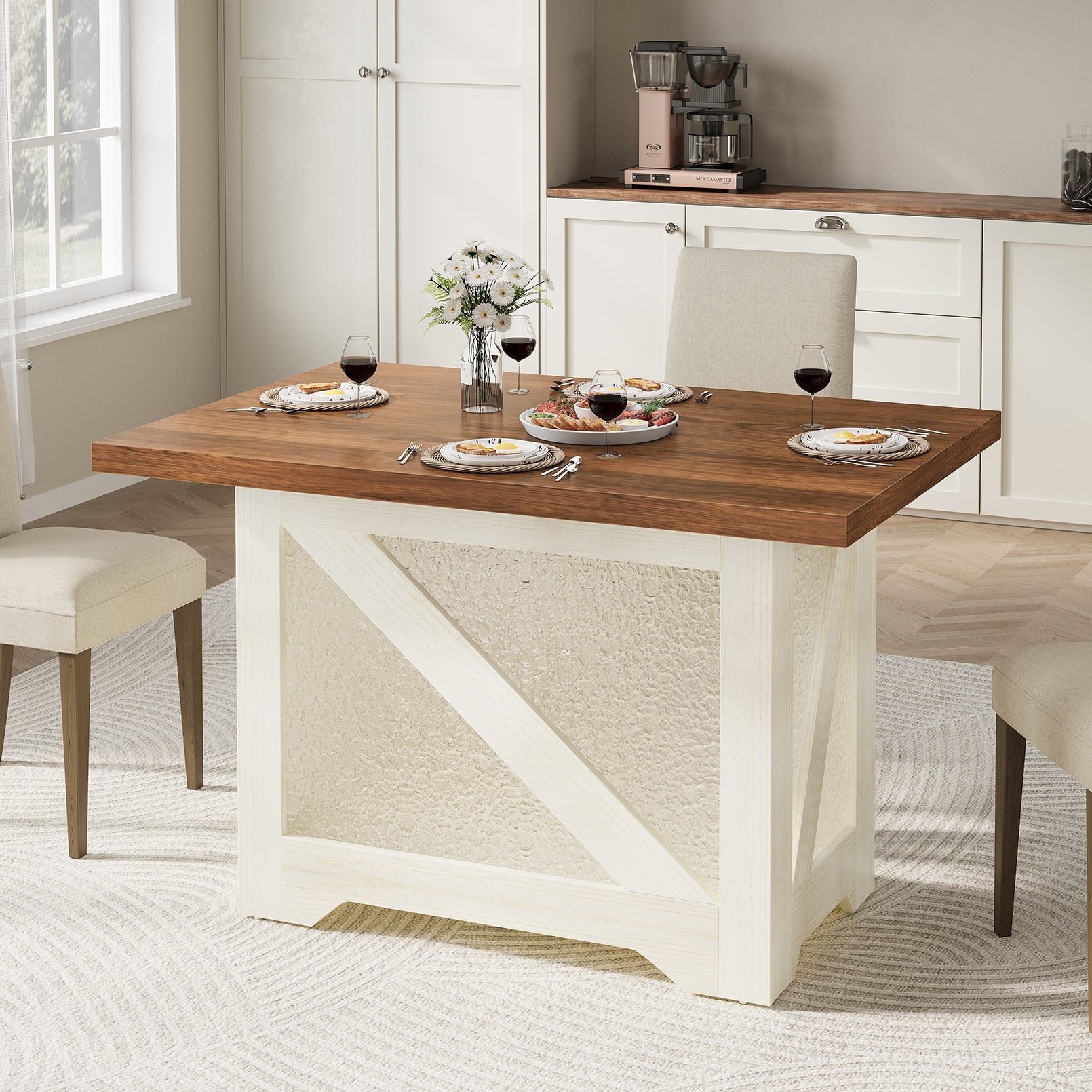 47 Inch Farmhouse Dining Table For 4, Rectangular, Translucent Acrylic X-Base, Thick 1.8" Top, - Table Only