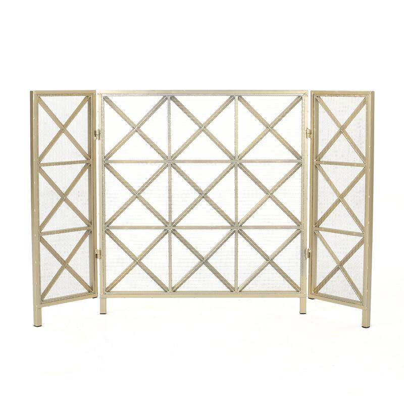 Roomfitters 3-Panel Fireplace Screen, Modern Geometric X-Pattern Metal Spark Guard for Hearth Safety, Folding Cover, Gold