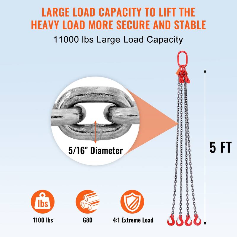 Chain Sling, 5/16 inch x 5 ft Lifting Chains with Hooks, G80 Engine Chain Hoist Lifts, 11000 lbs/5 Ton Lifting Sling Chains