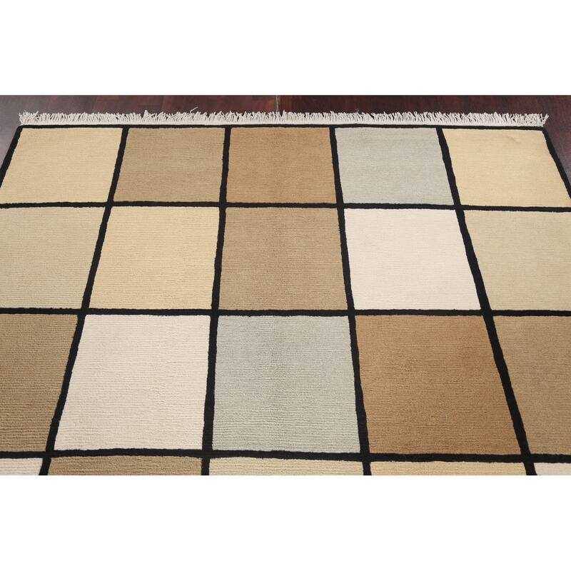 Checkered Nepalese Vegetable Dye Oriental Wool Area Rug Hand-knotted - 6'1" x 9'3"