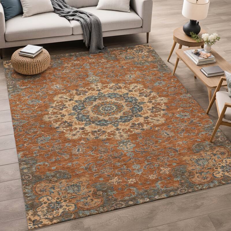 Machine Washable Indoor/ Outdoor Traditional Awaka Chantille Rug