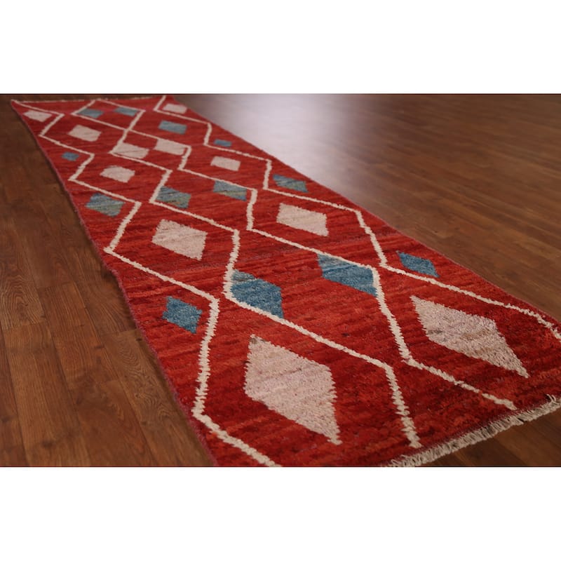 Geometric Moroccan Oriental Runner Rug Handmade Wool Carpet - 2'9" x 9'8" - 2'9" x 9'8" - Red