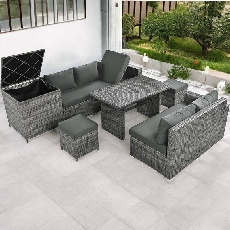 6-Piece Outdoor All-Weather PE Rattan Sofa Set with Adjustable Seating, and Glass Table for Patio, Garden, or Backyard