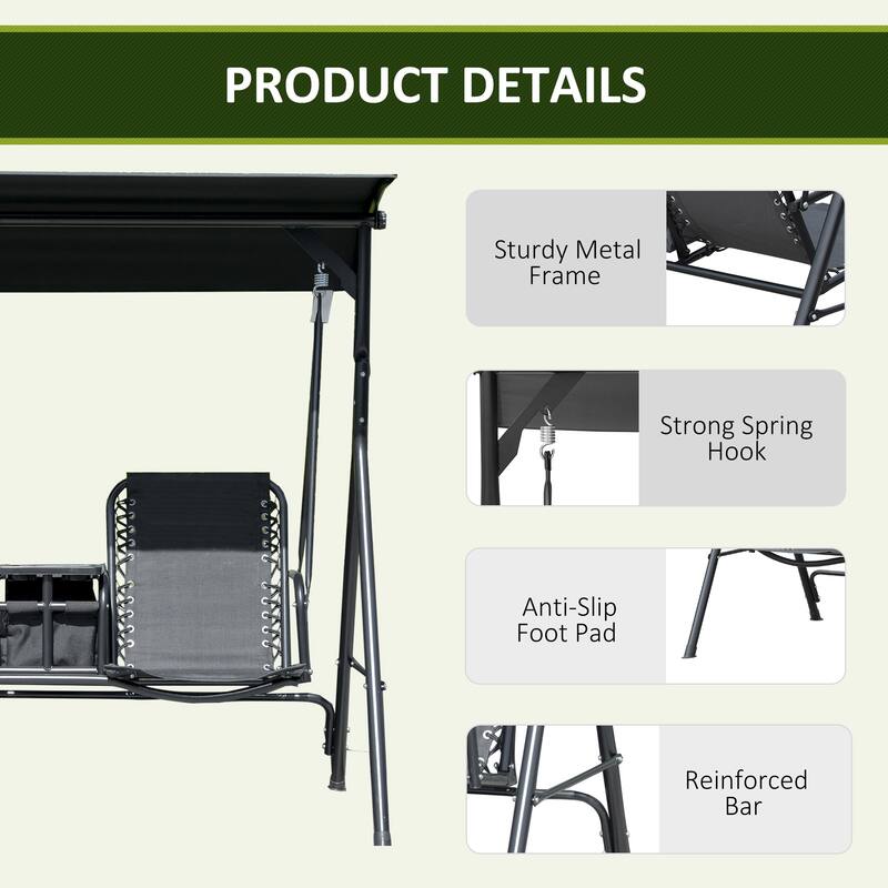 Outsunny 2 Person Front Porch Swing Chair with Cup Holder and Center Compartment, Outdoor Patio Swing with Adjustable Comfort