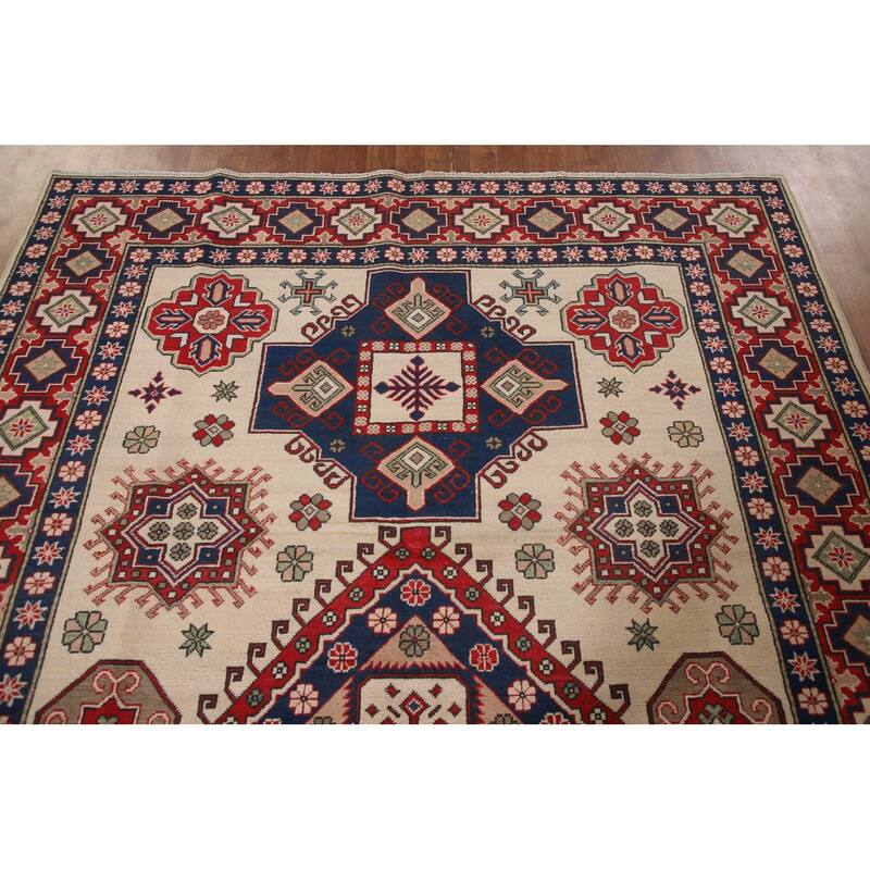 Ivory Geometric Kazak Area Rug Handmade Wool Carpet - 6'8" x 9'6"