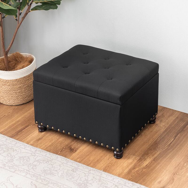 Adeco Storage Ottoman Tufted Linen Wood Bench with Nails