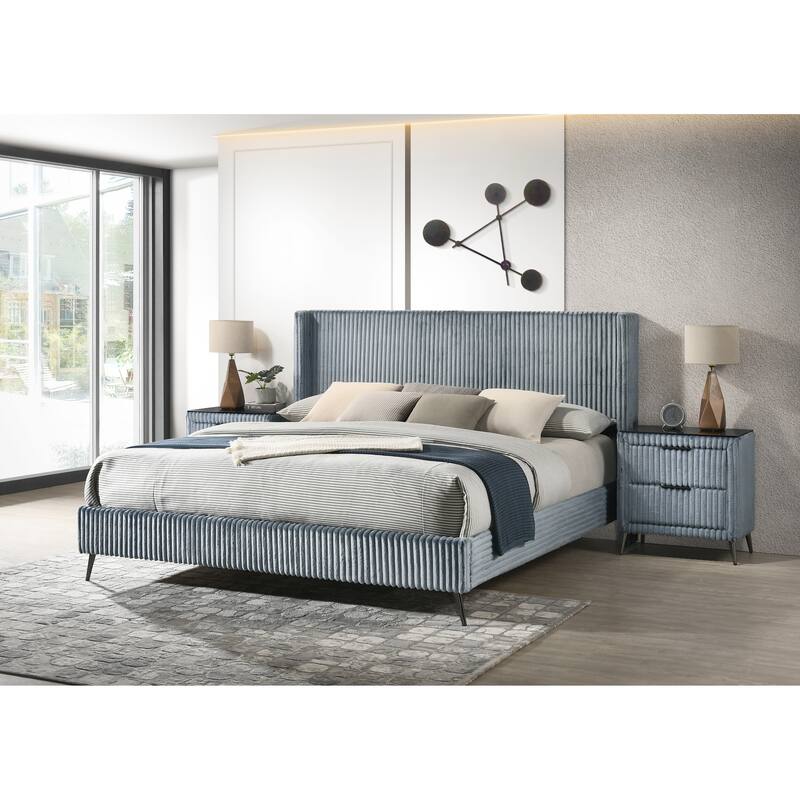 King Size Upholstered Panel Bed Set with 2 Nightstands, Storage Bench and Wingback Headboard