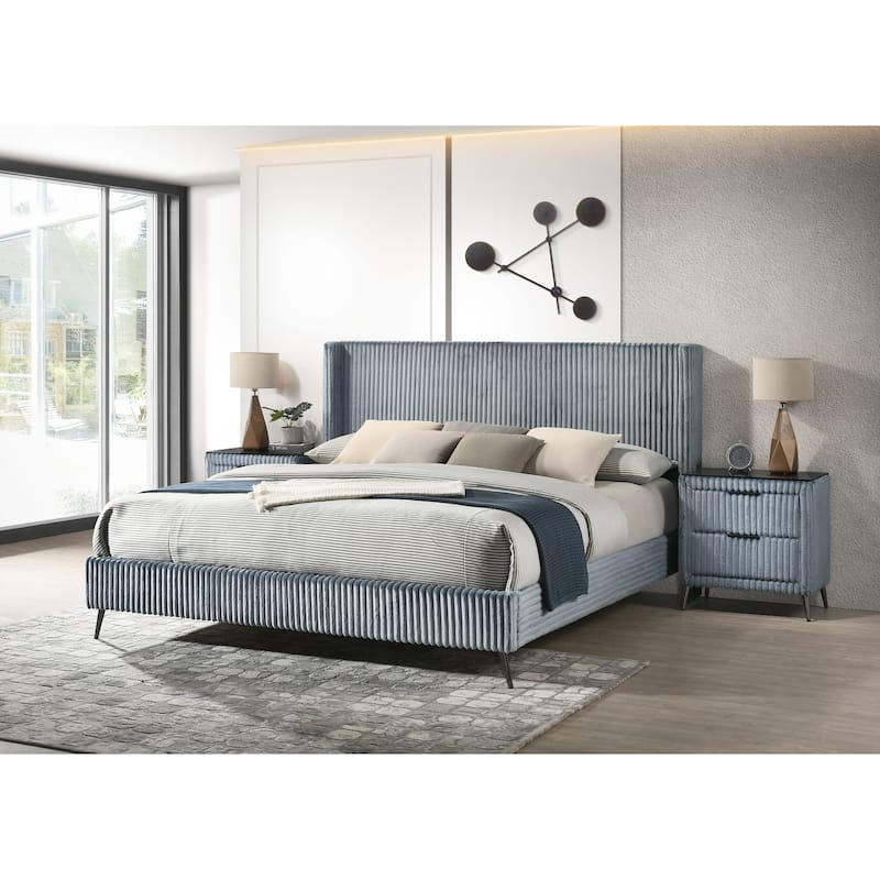 King Size Upholstered Panel Bed Set with 2 Nightstands and Wingback Headboard - Blue