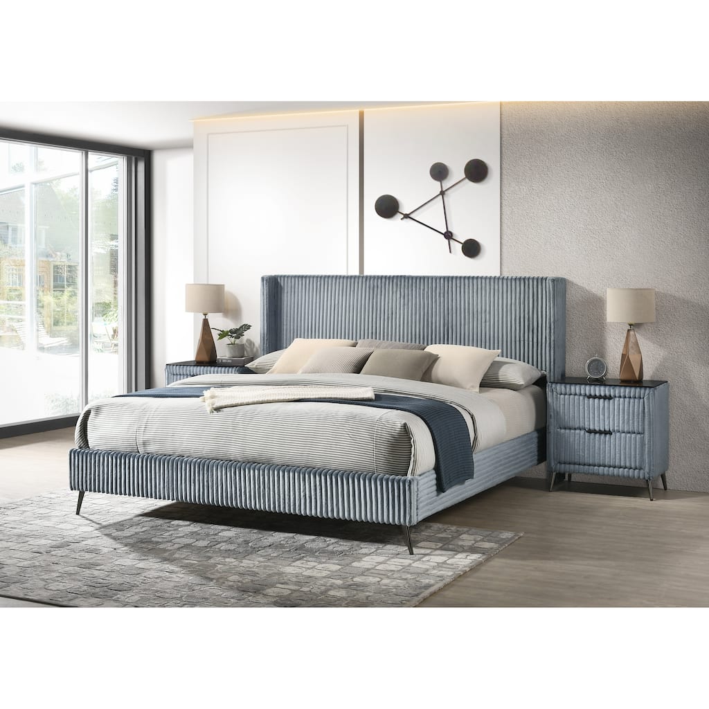 King Size Upholstered Panel Bed Set with 2 Nightstands and Wingback Headboard
