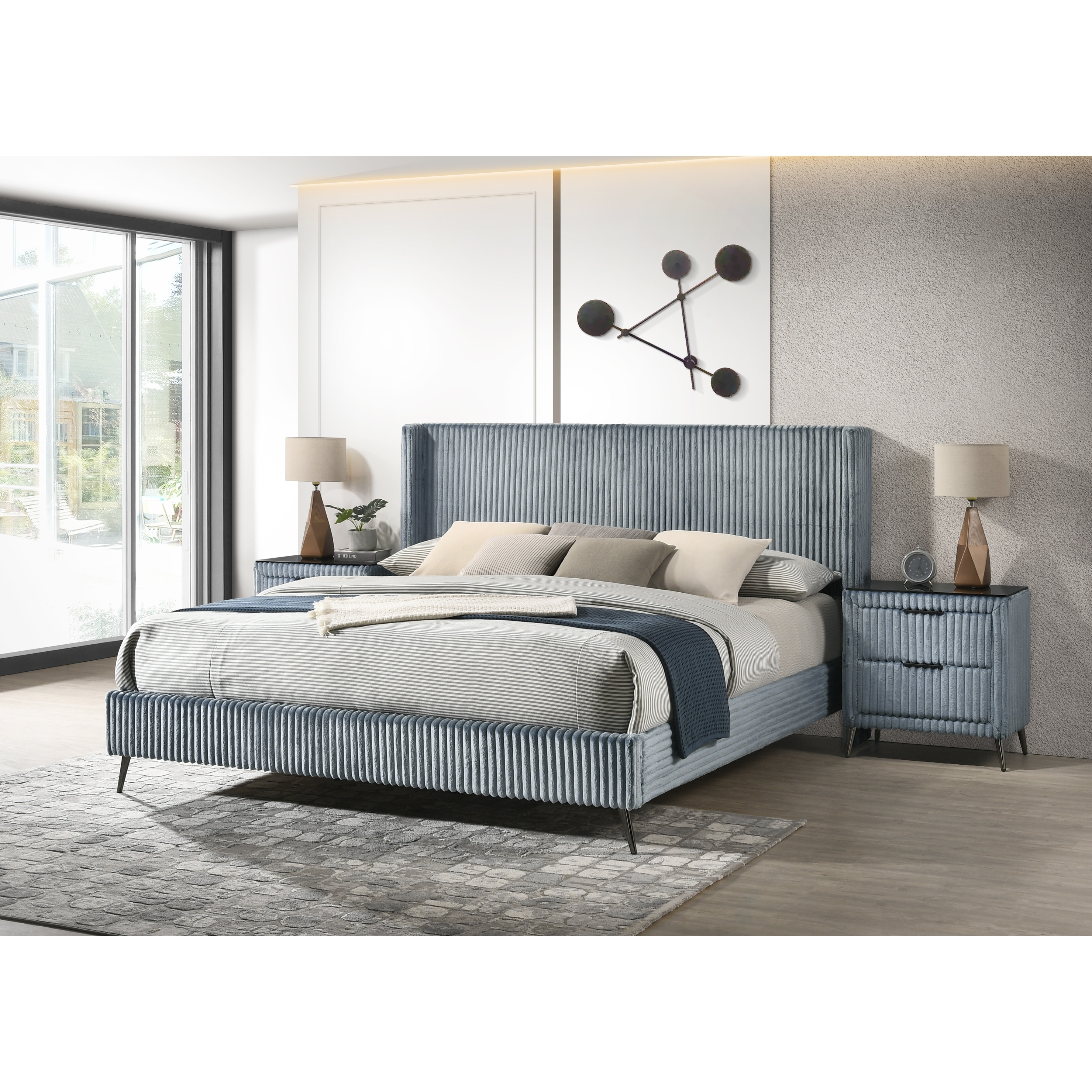 King Upholstered Panel Bed with Nightstands & Wingback