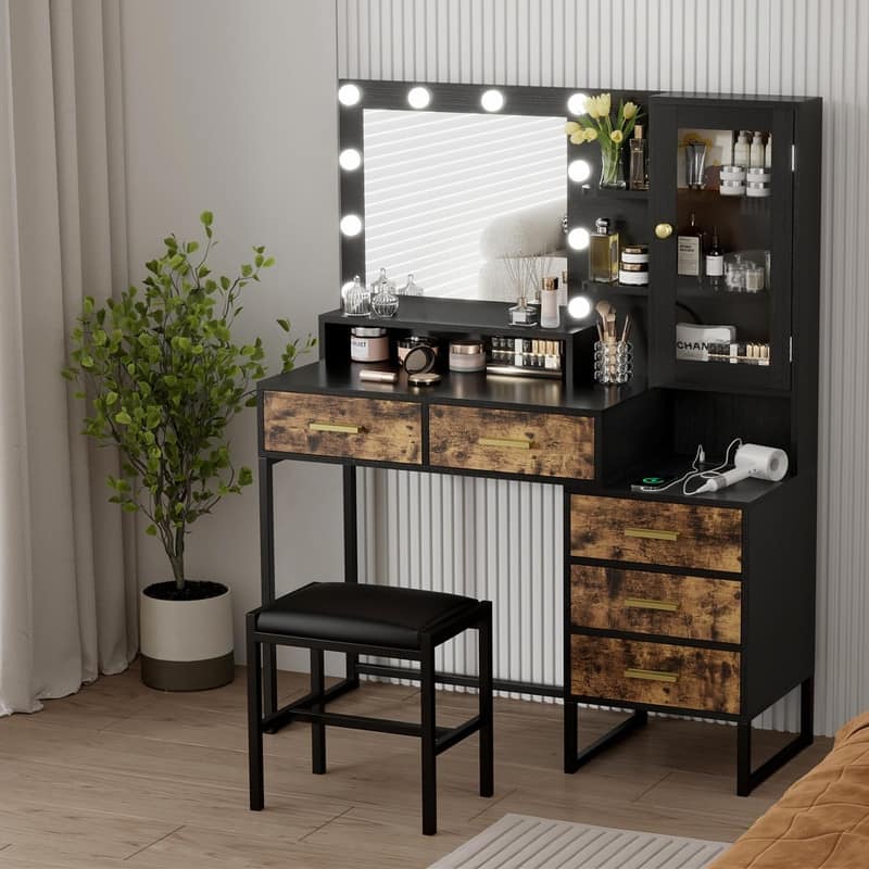 Vanity Desk with Mirror & LED Lights, Charging Station, 5 Drawers, Shelves & Stool - Black