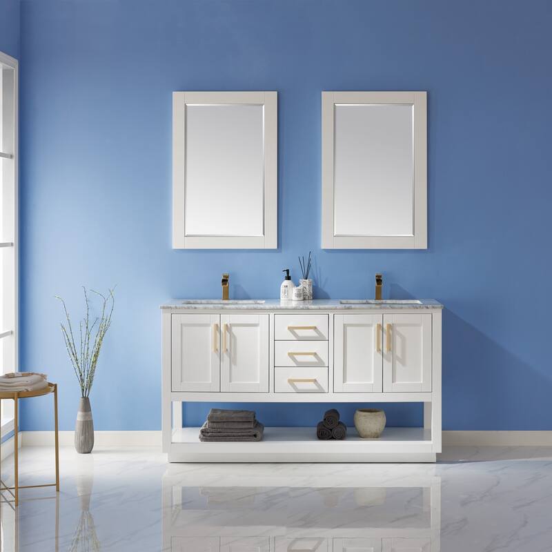 Altair Remi Double Bathroom Vanity Set and Carrara White Countertop with Mirror - 60 - White + Brushed Copper Hardware