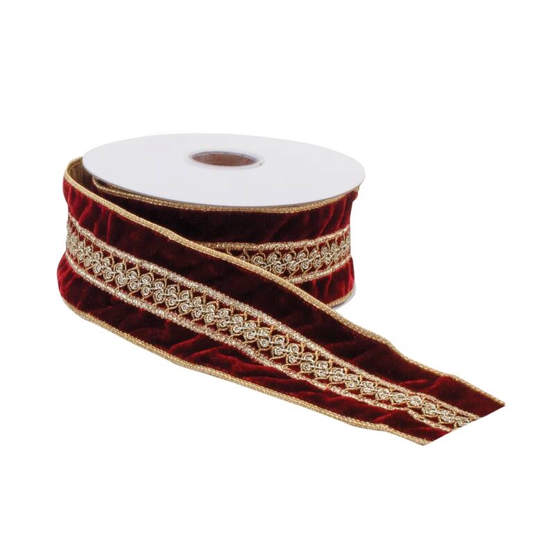 5 Yards Wired Polyester Red Holiday Ribbon with Gold Beaded Stripe for Christmas Bows and Decorations - 180”L x 2.5”W x 0.25”H