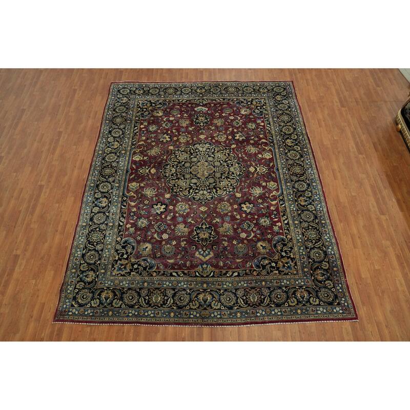 Hand Knotted Oriental 100% Wool Carpet Traditional Floral Red Mashad Area Rug - 13' 0'' X 9' 10''