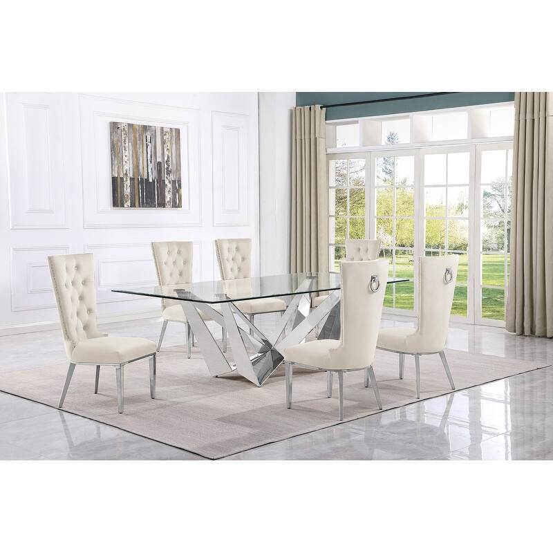 Best Quality Furniture D402/3-SC330-7 Dining Set with 94" 15mm Glass with Bevel - 7-Piece - Cream / Silver