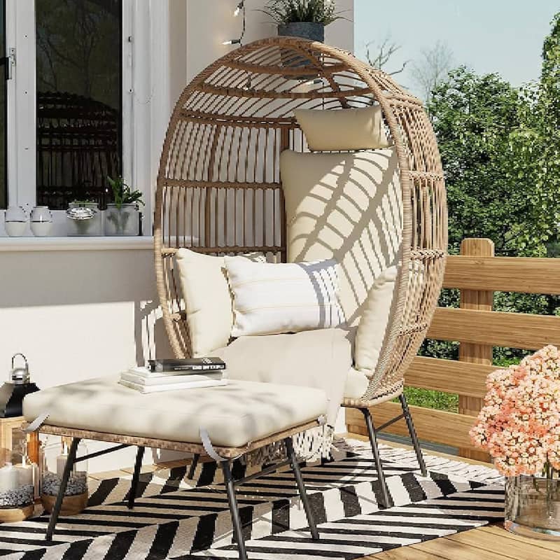 Rattan Wicker Egg Chair with Ottoman with Cushion for Balcony, Porch, Backyard
