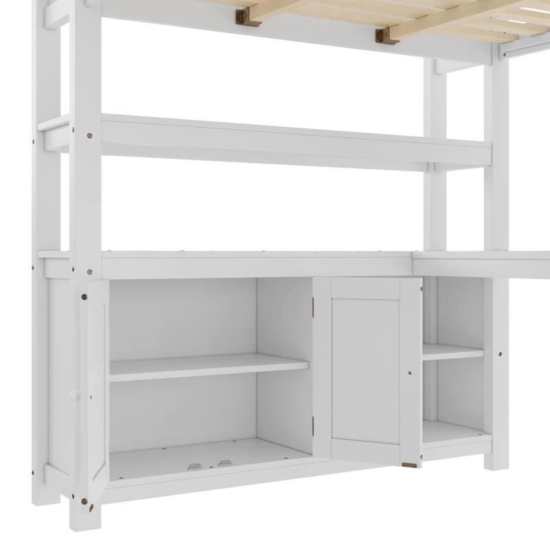 Wood Loft Bed with Cabinet and Bookshelf, Queen Size Loft with Wardrobe and Desk for Kids