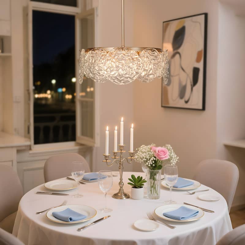 Modern Glam 5-Light Gold Drum Chandelier Glass Pendant Lights for Dining Room