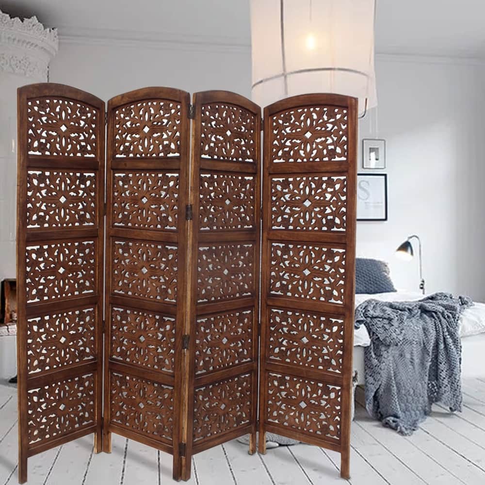 The Urban Port Foldable 4 Panel Mango Wood Room Divider Brown