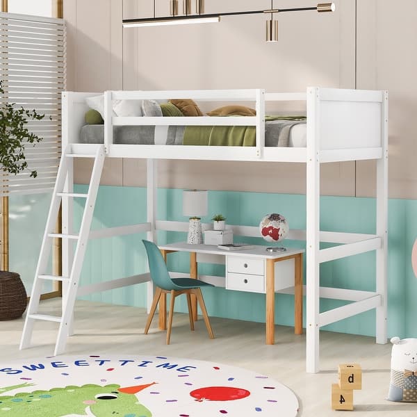 slide 2 of 13, Twin Size Loft Bed with Ladder, Solid Wood, White White