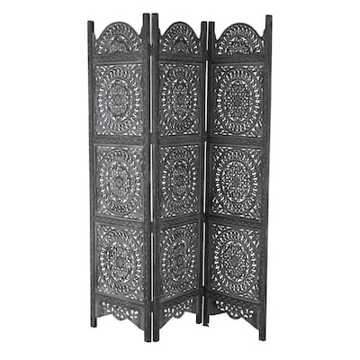 Wood Floral Handmade Hinged Foldable 3 Panel Room Divider Screen with Intricately Carved Designs - Black - Roche River Decor