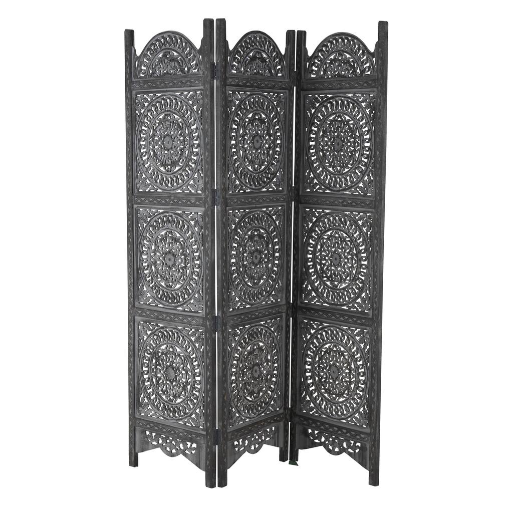 Wood Floral Handmade Hinged Foldable 3 Panel Room Divider Screen with Intricately Carved Designs - Black - Roche River Decor