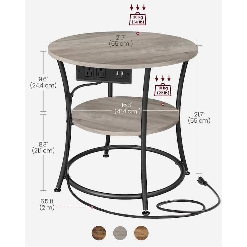 Metal Wood Round Side Table with USB Ports and 2 Tier Storage - 21.7"D x 21.7"W x 21.7"H