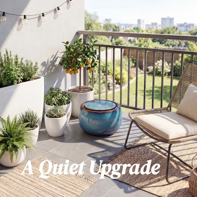 Round Blue Ceramic Water Floor Fountain with LED Light and Pump