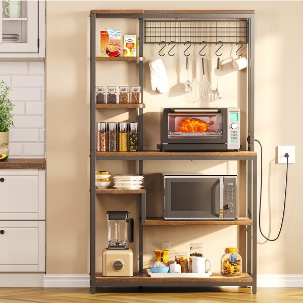 Bakers Rack, Coffee Bar, Kitchen Storage Shelf Rack with 10 Hooks, 3 ...