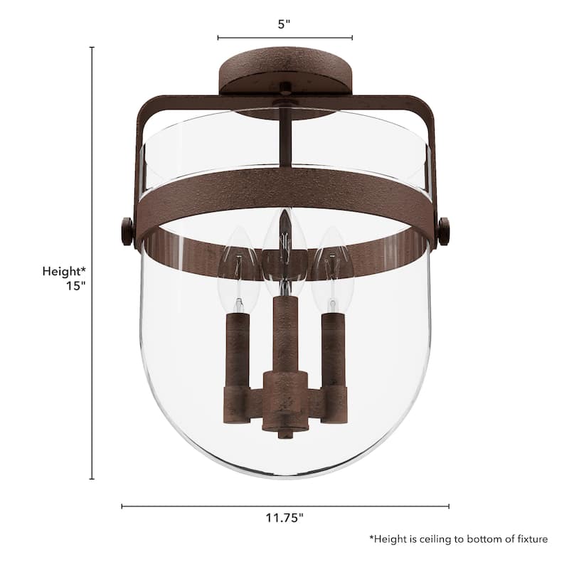 Hunter Karloff Clear Glass 3 Light Flush Mount Ceiling Light - Rustic, Industrial, Transitional