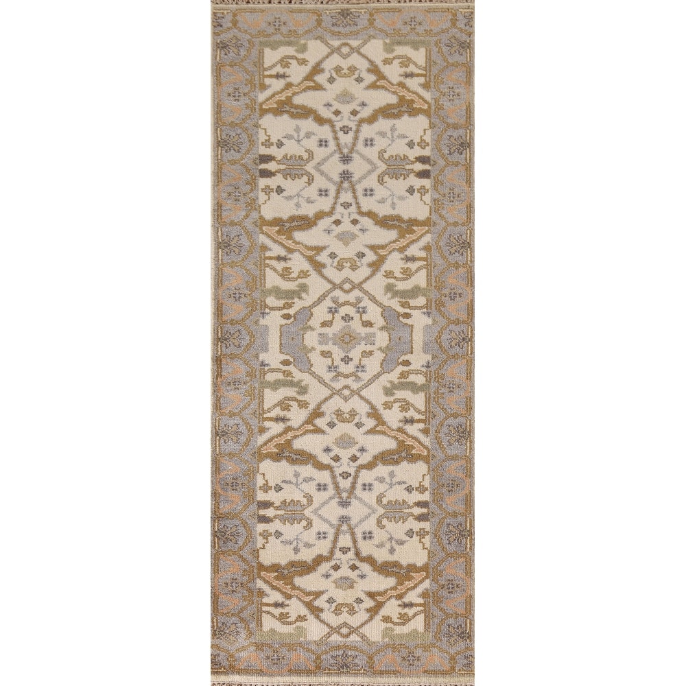 Geometric Oushak Oriental Runner Rug Handmade Wool Carpet - 2'7"x 7'11"
