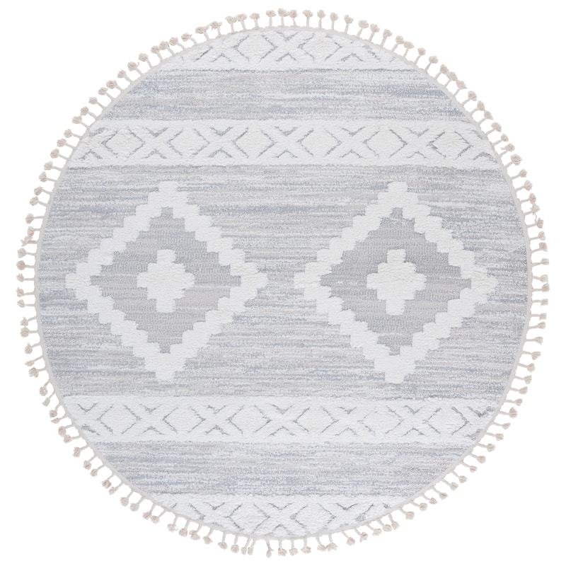 SAFAVIEH Moroccan Tassel Shag Marybelle 2-inch Thick Rug - 8' Round - Ivory/Beige