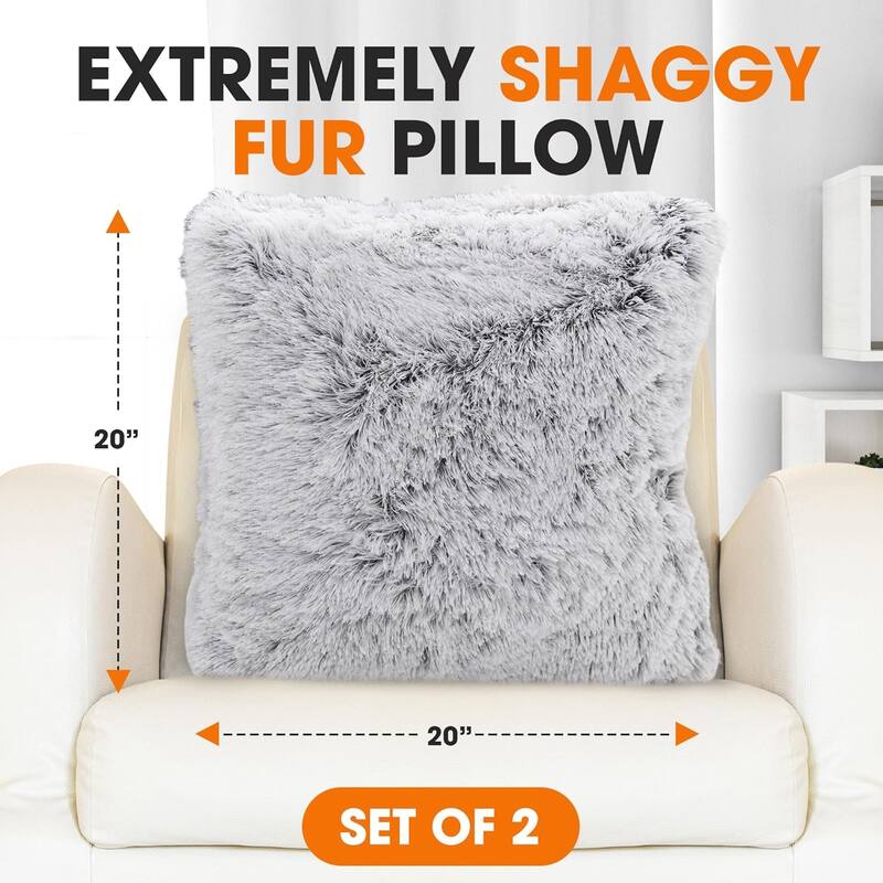 Cheer Collection Super Soft Shaggy Long Hair Throw Pillows Set of 2 Plush Accent Cushions