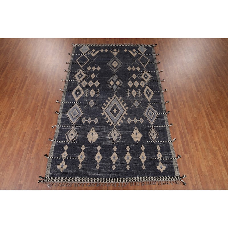 Geometric Blue Moroccan Oriental Area Rug Hand-Knotted Wool Carpet - 7'9" x 12'9"