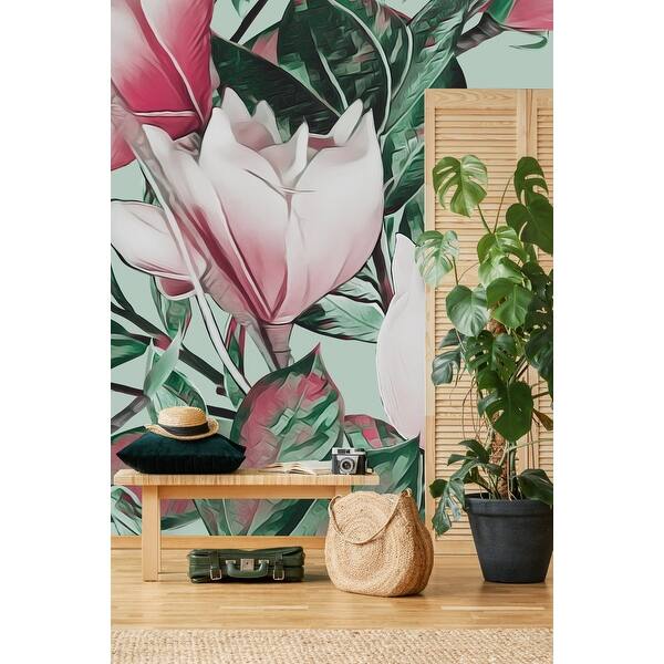 Green Wallpaper with Pink Flowers Peel and Stick and Prepasted Bed