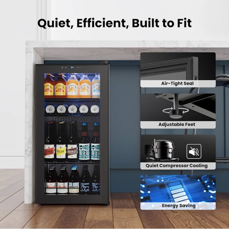 Yeego 3.1 Cu.Ft Beverage Cooler, Glass Door Mini Fridge with Digital Control, Quiet Cooling, Built-in or Freestanding Use