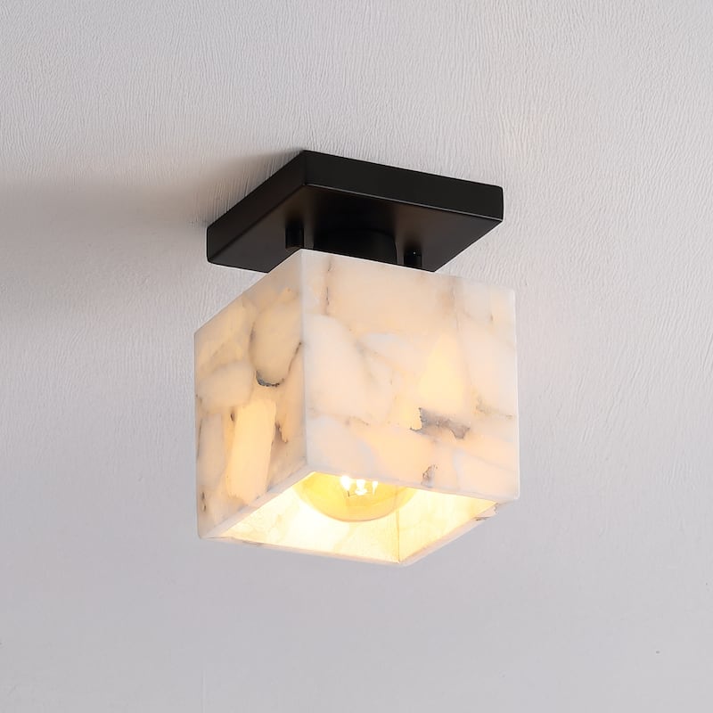 Chiara 5" 1-Light Modern Contemporary Alabaster/Iron Cube LED Semi Flush Mount, White Marbling/Brass Gold by JONATHAN Y