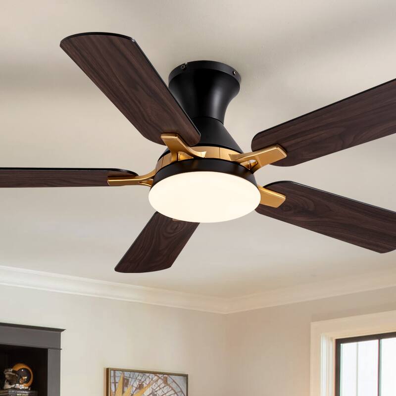 Industrial Led Ceiling Fan With Lights And Remote, Modern Black And Gold Flush Mount Ceiling Fan With 5 Blades