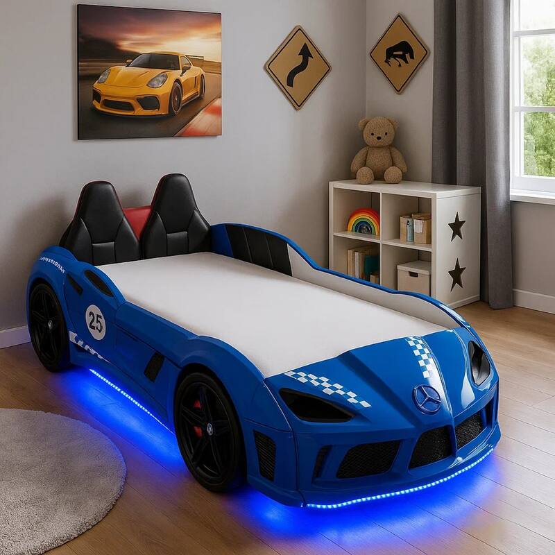 Ticy Twin Size Car Bed w Remote Control LED, Faux Leather Upholstery, Blue