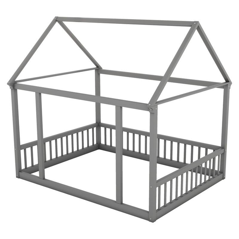 House Floor Bed with House Roof Frame and Safety Guardrails, Twin/Full Size Wooden Floor Montessori Bed House Bed for Kids