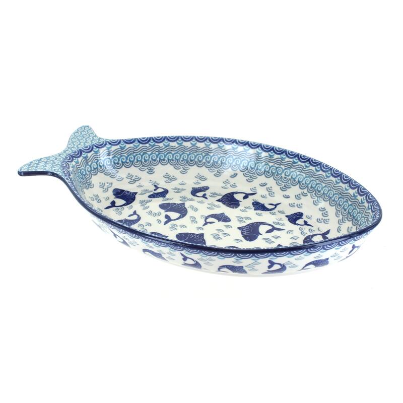 Blue Rose Polish Pottery E23 Ceramika Artystyczna Large Fish Dish - Summer Fun