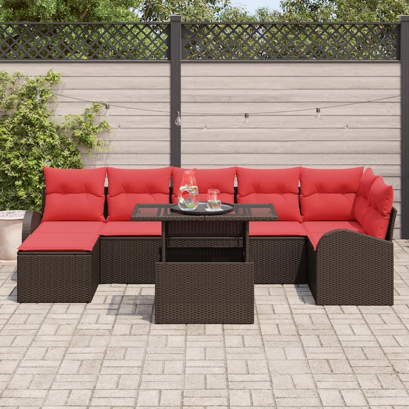 vidaXL 8 Garden Sofa Set with Cushions Black/Brown/Grey Poly Rattan - 113.8 x 48.8 x 27.2