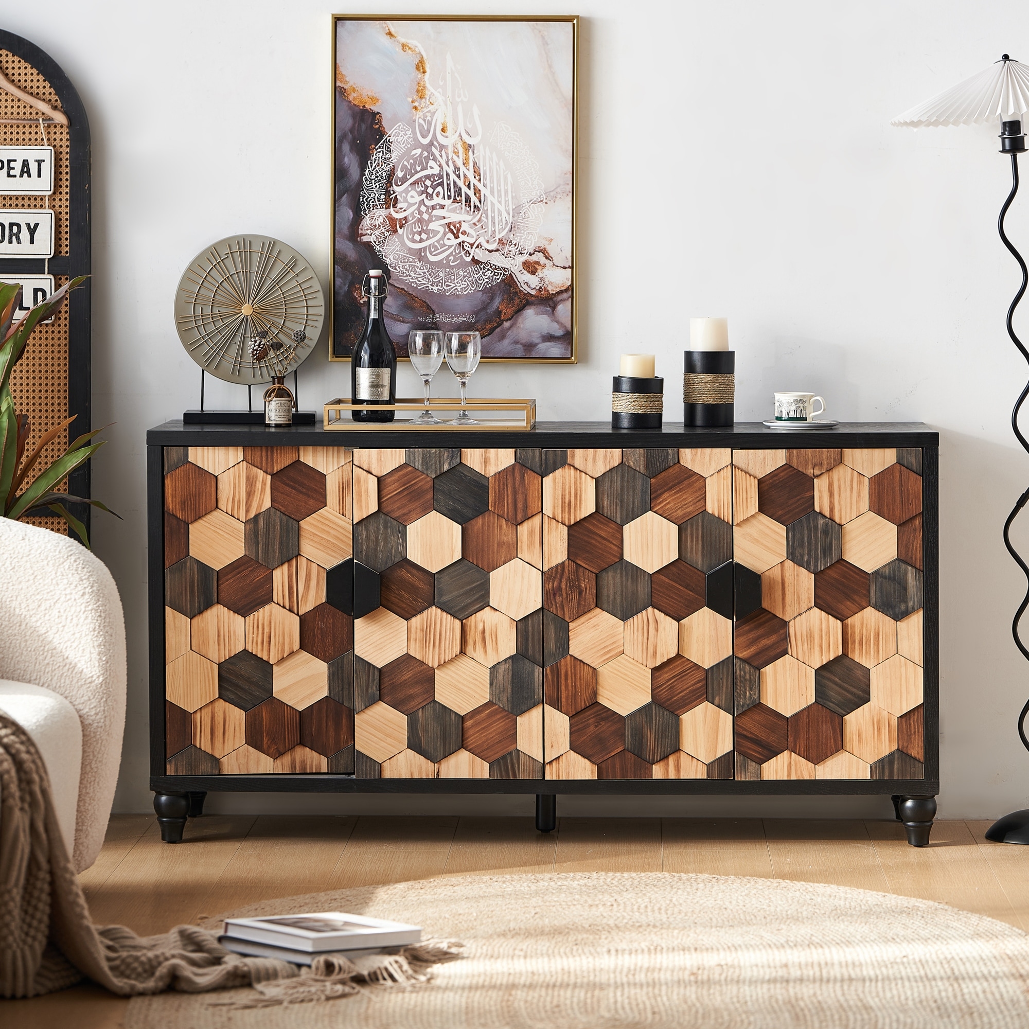 59.8'' Distressed Buffet Sideboard Storage Cabinet with Honeycomb Pattern - MDF