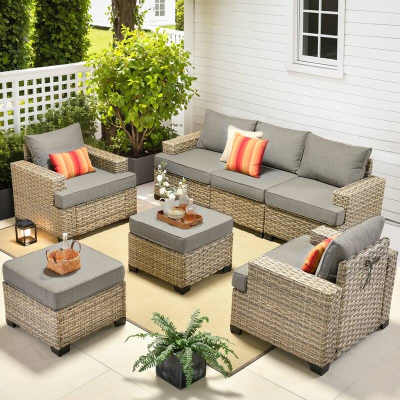 OVIOS 7-Piece T Shaped Seat Wide Armrest Patio Conversation Set - Deep Gray